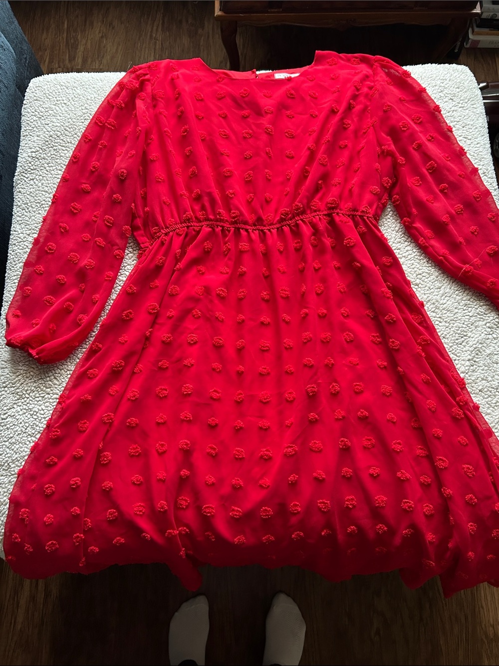 Womens Red Textured Dot Long-Sleeve Dress